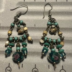 Handmade chandelier dangle earrings - aqua with cream